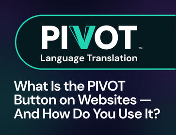Graphic with the PIVOT Language Translation button on a dark gradient background and the headline “What Is the PIVOT Button on Websites — And How Do You Use It?” indicating a blog article about how to use PIVOT language access technology on websites.
