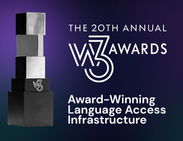 Graphic featuring the 20th Annual w3 Awards trophy beside the text “The 20th Annual w3 Awards” and “Award-Winning Language Access Infrastructure,” representing PIVOT’s recognition in Emerging Tech and Immersive Experiences for Diversity, Equity, and Inclusion.