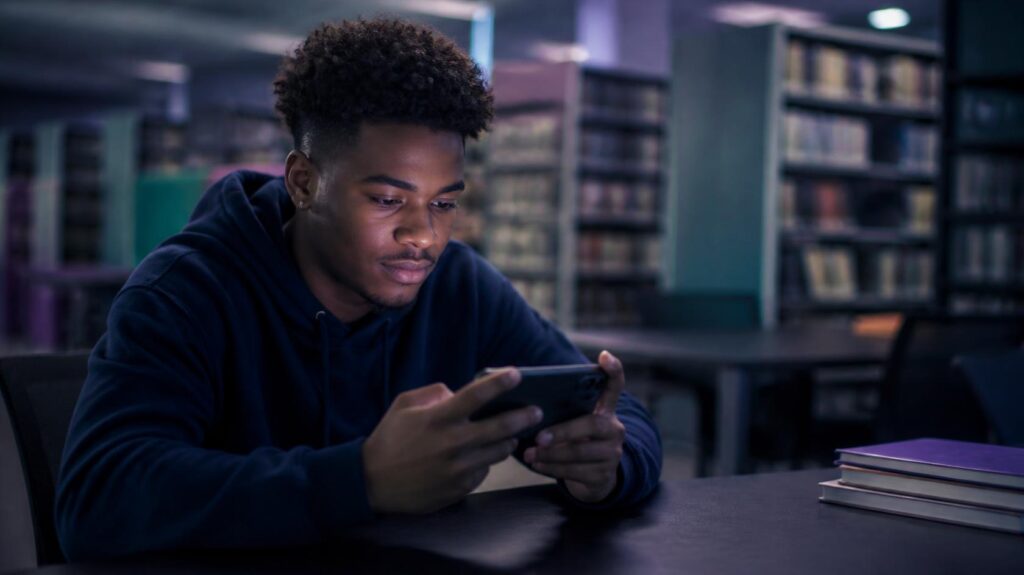 A young Deaf man watches a video on his smartphone in a library