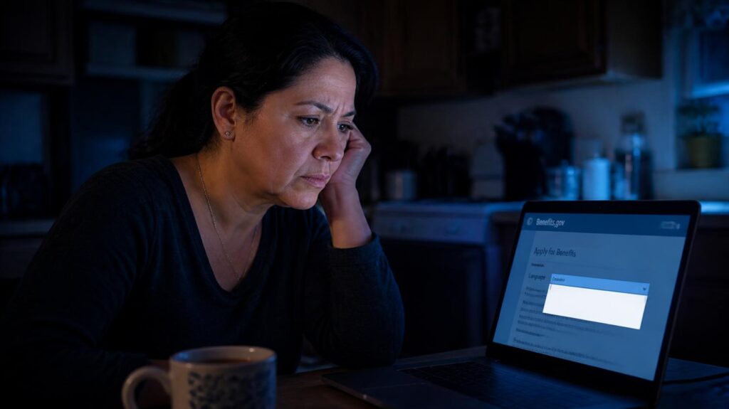 A woman at a kitchen table at night looks at a government website on her laptop, concerned.